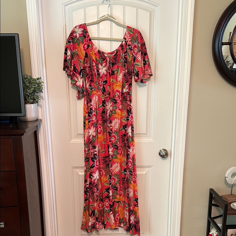 Tropical Floral Maxi Dress in Pink and Red